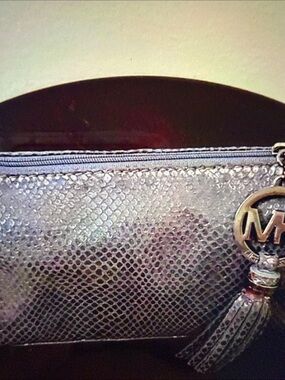 Michael Kors Iridescent Snake-Embossed Wristlet in Silver